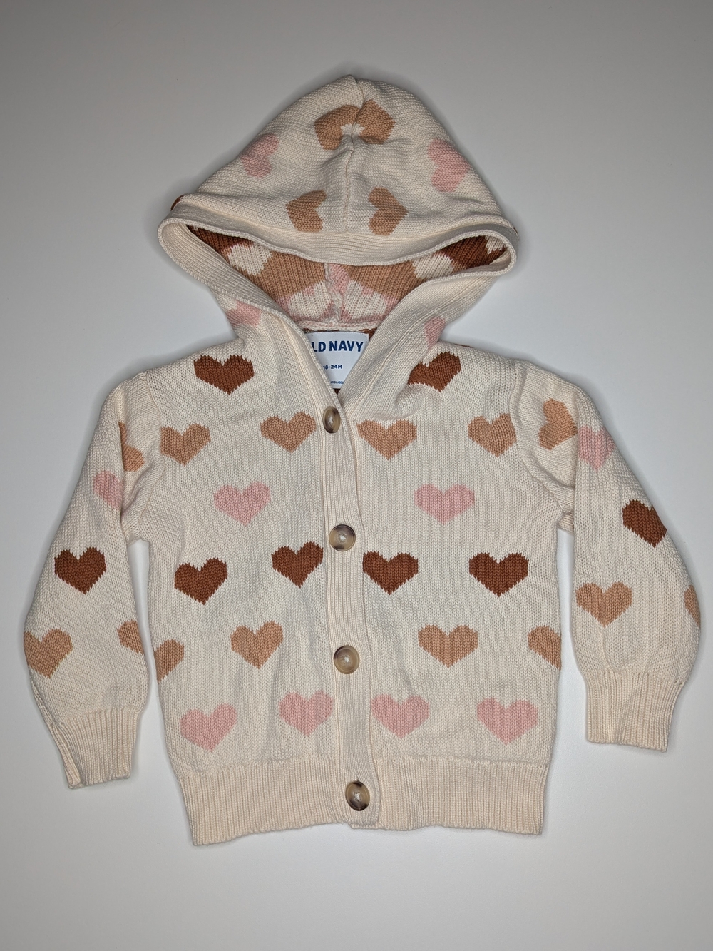 Old Navy Cream Hooded Cardigan with Pink and Brown Hearts